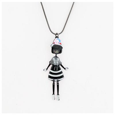 [R6248] - Designer Necklace 'Lilipoupettes' (articulated Doll) Black White - 65x25 Mm
