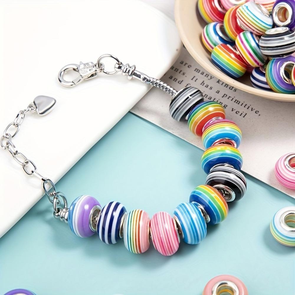 10/20/30/50pcs Resin Rainbow Stripe European Bead Large Hole Colored Resin Craft Bead Spacer Bead DIY Bracelet Snake Chain Jewelry Making