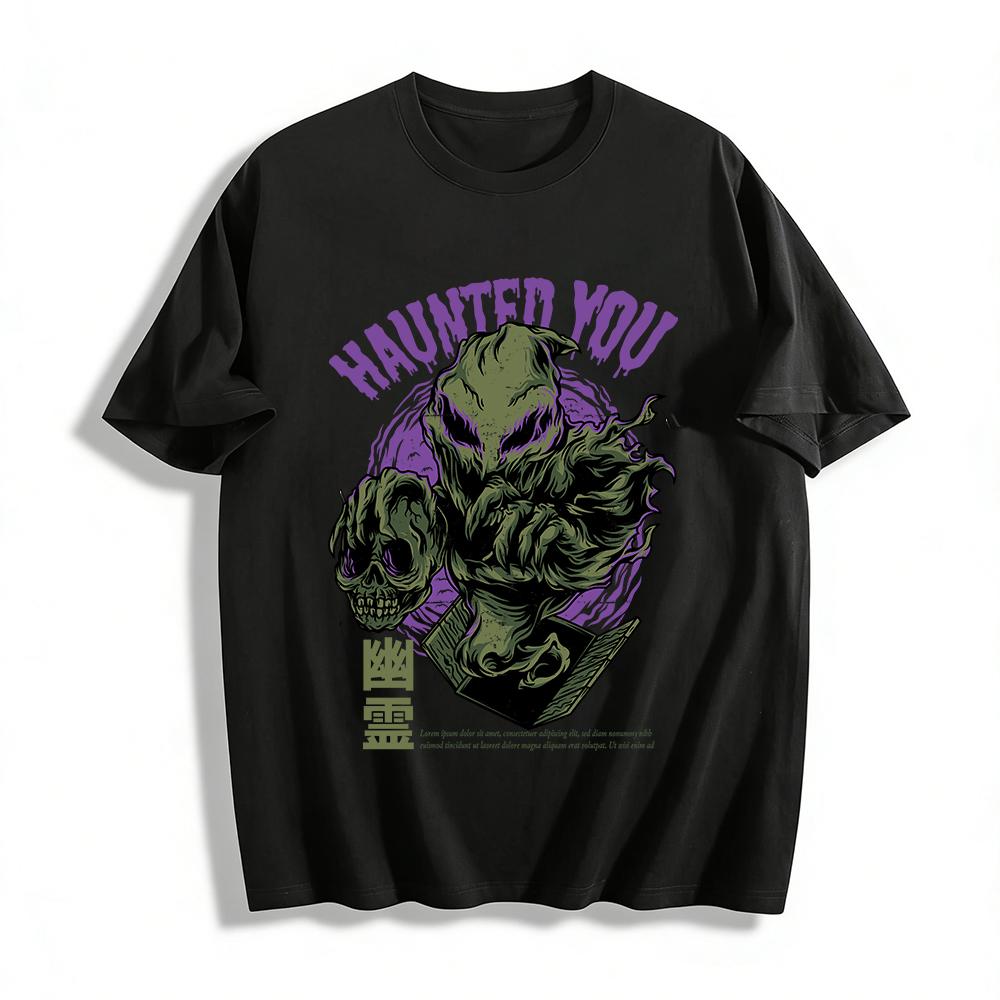 

Haunted You Ghost Print T-shirt Retro Thriller Style Top Pure cotton T-shirt XXS