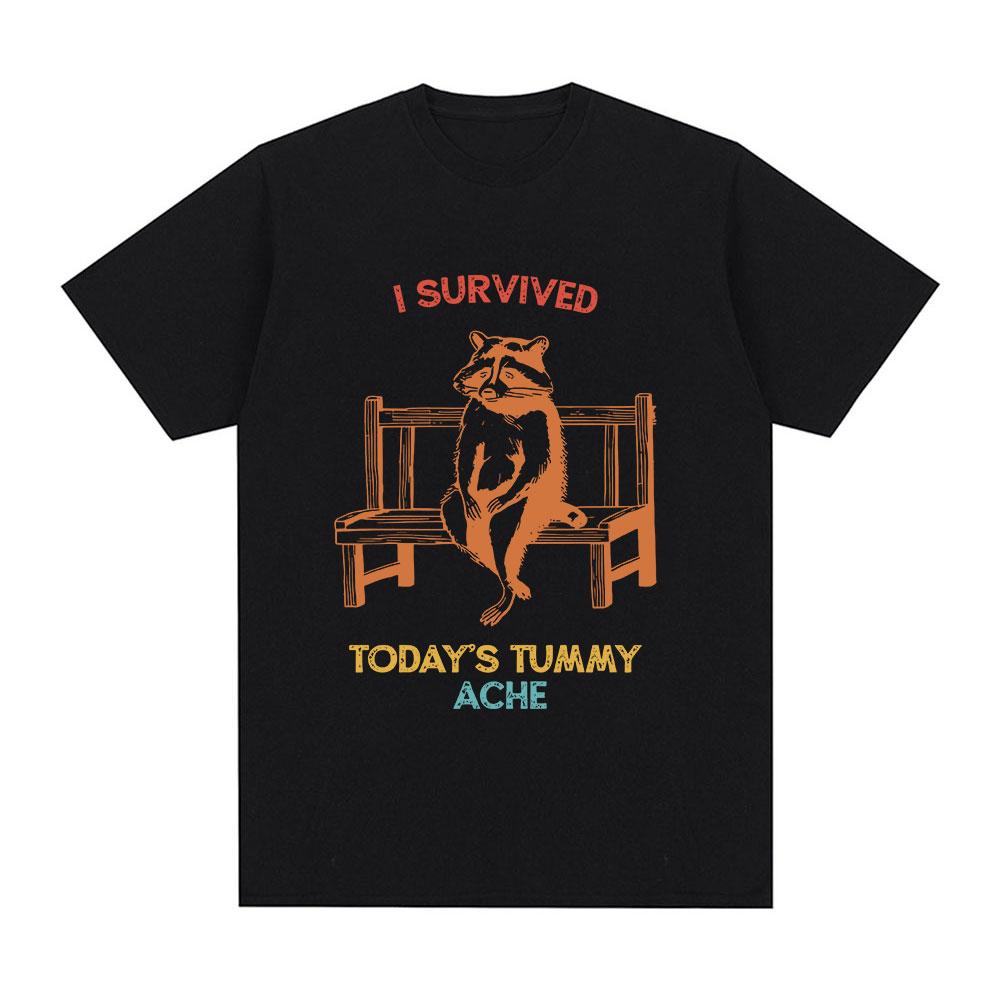 I Survived Today's Tummy Ache T-Shirt Funny Cat Meme Short Sleeve T Shirt Men Women Cotton Casual Oversized T Shirts Streetwear