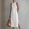 Women's Summer Dress Halter Sleeveless Vacation Loose Fit Casual Women's White Midi Dress With Lace Stitching Slit Pockets Simple Beach Dresses
