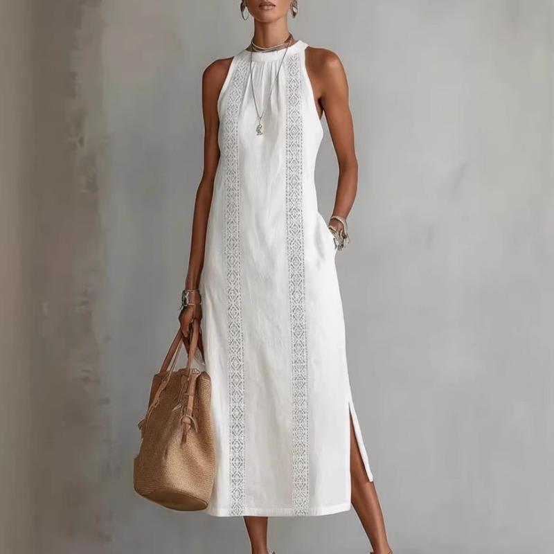 Women's Summer Dress Halter Sleeveless Vacation Loose Fit Casual Women's White Midi Dress With Lace Stitching Slit Pockets Simple Beach Dresses
