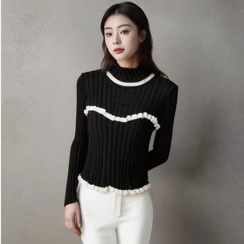 Spring Autumn Women Half High Collar Full Sleeve Ruffles Knitted Sweater Pullover Tops
