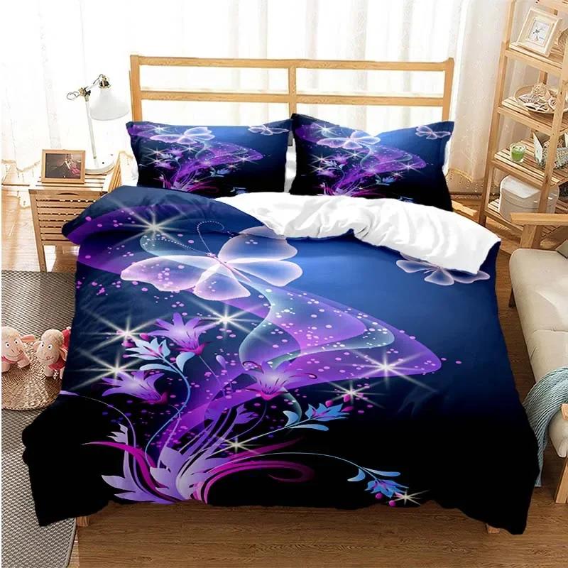 Purple Lavender Butterfly Comfortable Duvet Quilt Cover Pillowcase Bedding Set Children Bedroom Decoration Home Textile