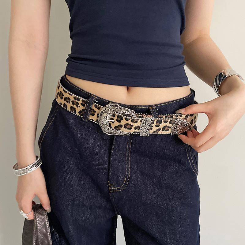 Bohemian Leopard Print Leather Belt For Women With Alloy Buckle For Casual Wear
