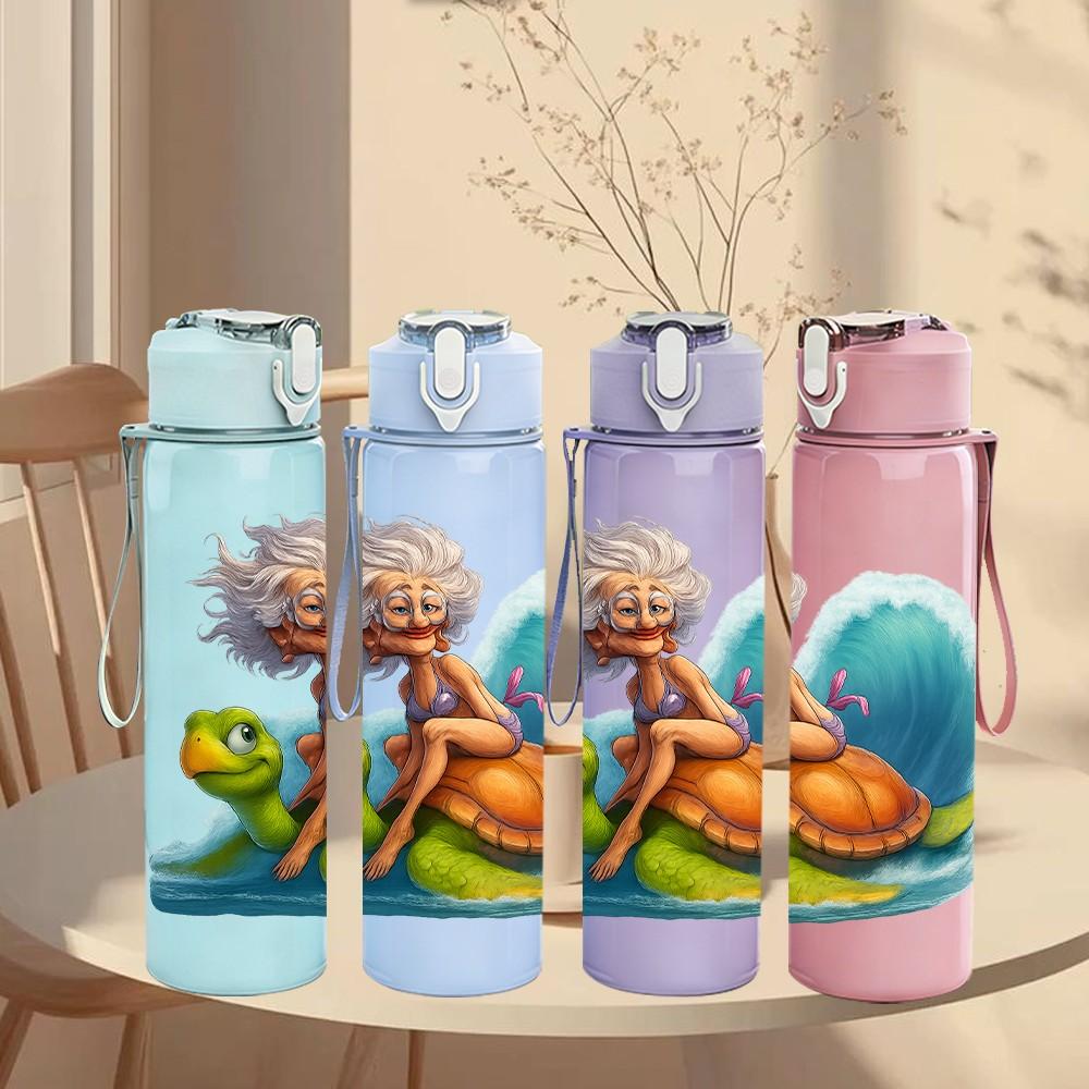 1PC Turtle Mermaid Ocean Wave Scene 750ml Color Plastic Sports Water Bottle Leakproof Flip Straw Lid Suitable for Sports Office Home Use