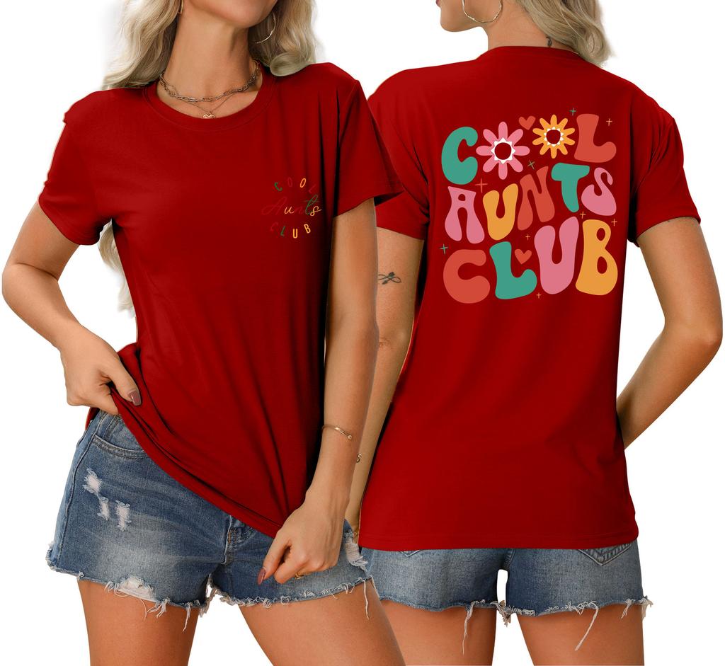 Summer new Womens round neck cool aunts club front and back printed Tshirt loose casual shortsleeved top with a stylish pullo