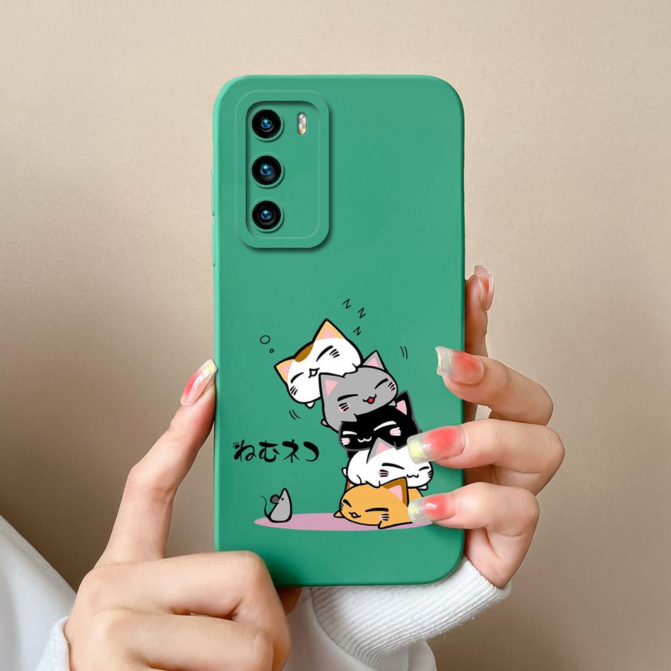 For Huawei P40 Pro Case Cute Cat Soft Liquid Silicone Full Coverage Anti Drop Bumper For HuaweiP40 P 40 P40Pro Candy Funda Shell