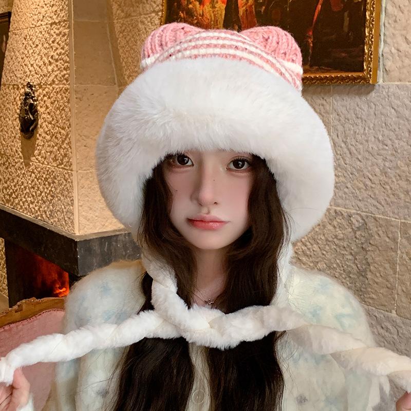 Korean Style Striped Plus Velvet Thickened Knitted Hat for Women Winter Warm Ear Protection Plush Hat New Braided Lei Feng Hat Trendy