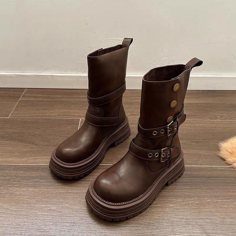 Thick-soled two-wear British style short boots Martin boots Thick-soled knight boots women s design sense medium tube retro 40