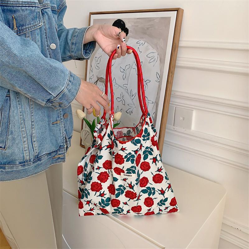 Chic Korean Style Floral Tote Bag Roomy Soft Cotton Summer Shoulder Bag For Everyday Use