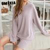 GMXIA Fashion Casual Sportswear Pajamas Women Spring and Autumn Models Solid Colour Long-sleeved Shorts Two-piece Homewear