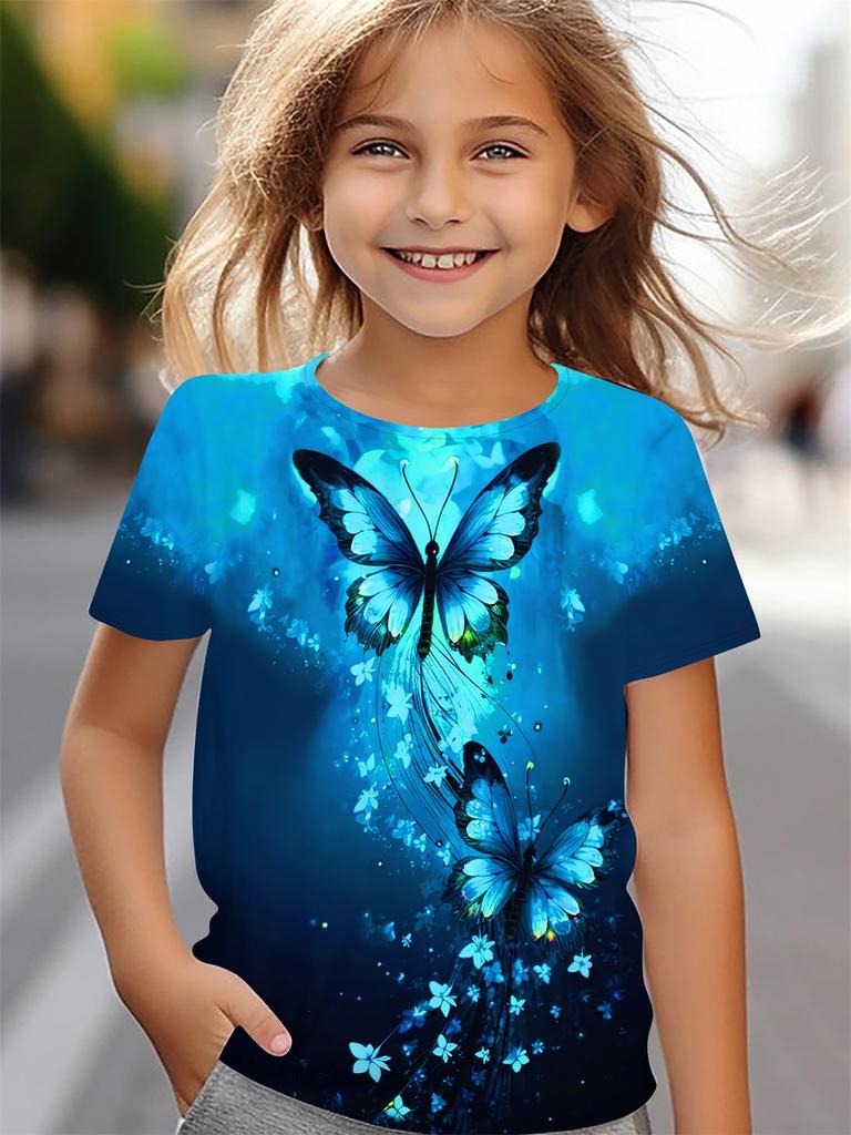 Children's Clothing Girl Clothes Short Sleeve Girl T-Shirt Prety Butterfly Print Kawaii Round Neck Girl Top Kids Summer Clothes