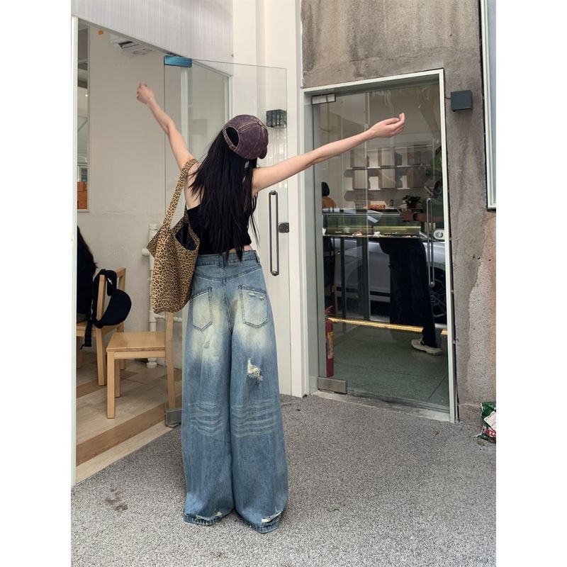 Retro Ripped Wide-Legged Denim Women's Summer American High Street Straight-Leg Pants Stylish High Waist Pants Mop Trousers