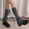 Women Ribbed Knitted Leg Sleeves with Ties Drawstring for Winter Warmth Vertical Striped Leg Warmers Footless Boot Socks