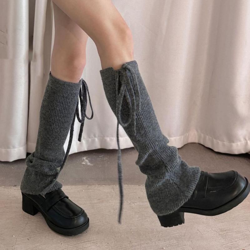 Women Ribbed Knitted Leg Sleeves with Ties Drawstring for Winter Warmth Vertical Striped Leg Warmers Footless Boot Socks