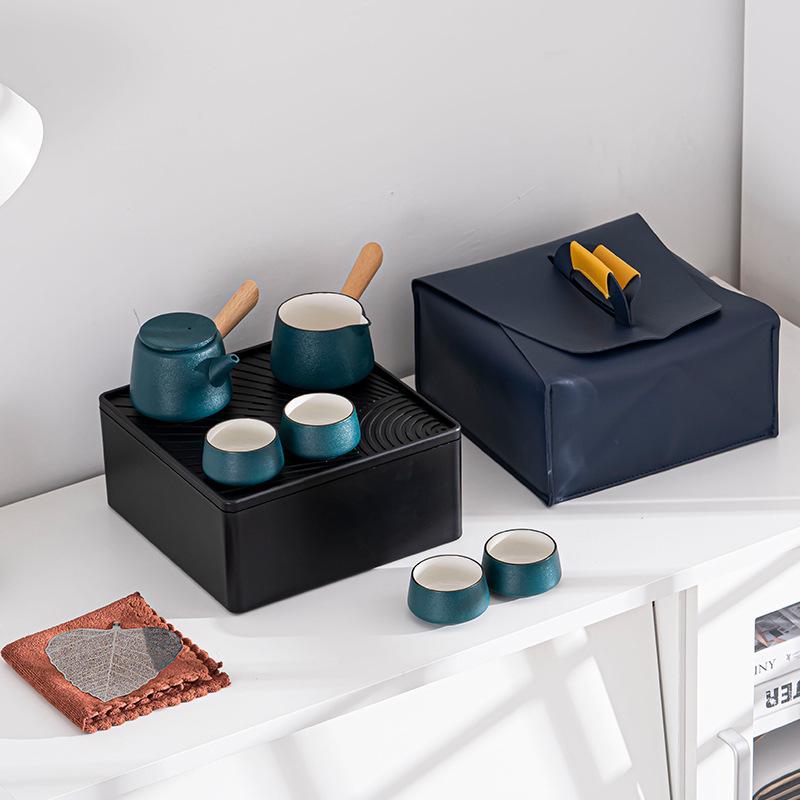 Black Ceramic Side Handle Teapot Travel Car Luxury Portable Cup Outdoor Storage Box Kung Fu Tea Set