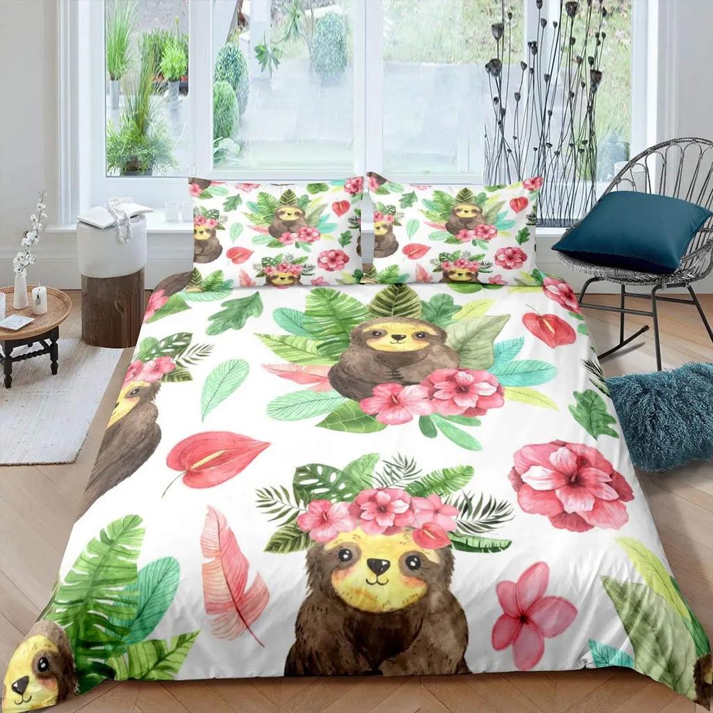 Floral Sloth Cartoon Cute Sloth Duvet Cover Flowers Sloth Animal Cover Kids Boys Girls Gifts Bedding Sets for Bedroom Decortion
