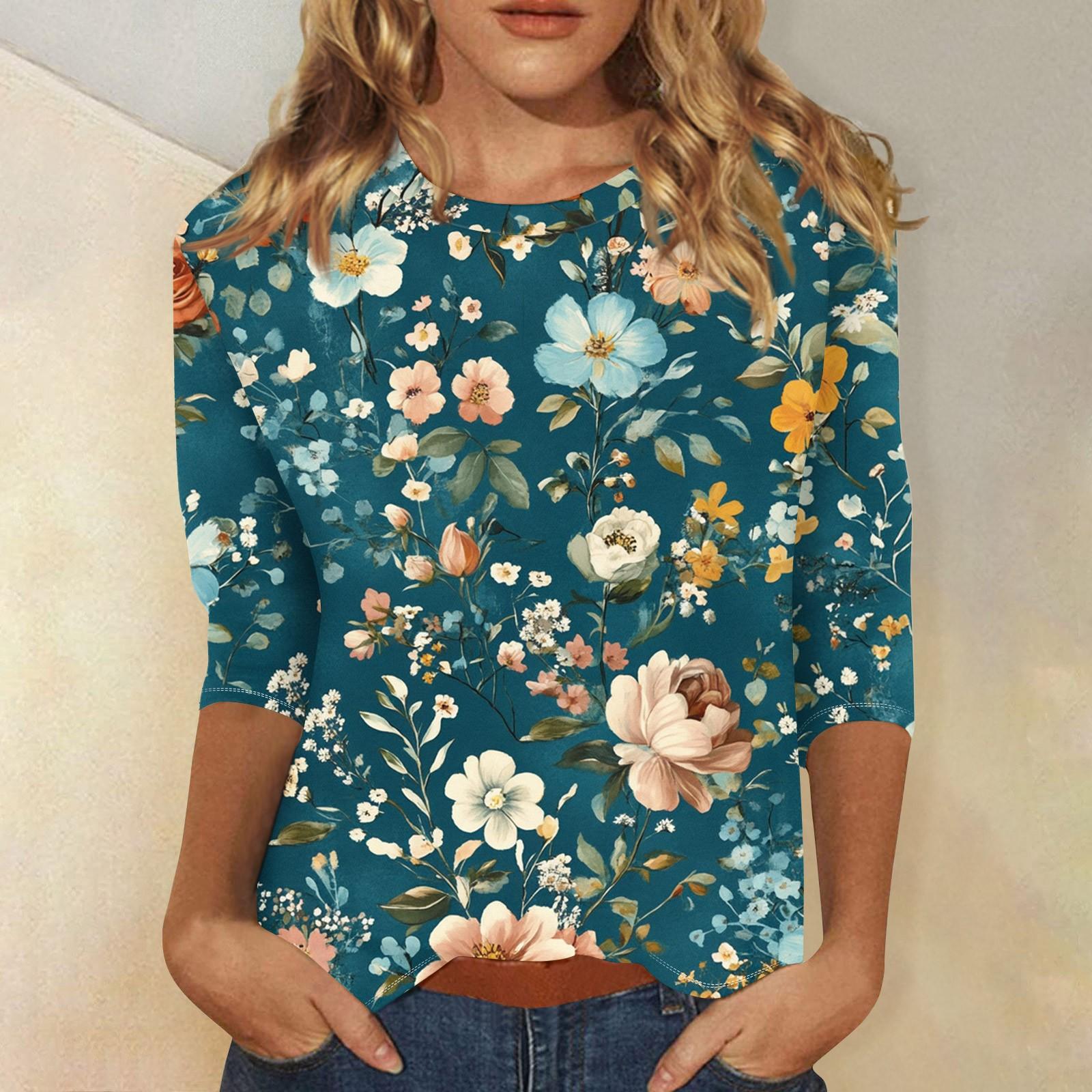 

Женская мода повседневная три четверти рукав цветочный принт круглый вырез пуловер топ M тёмно-синий