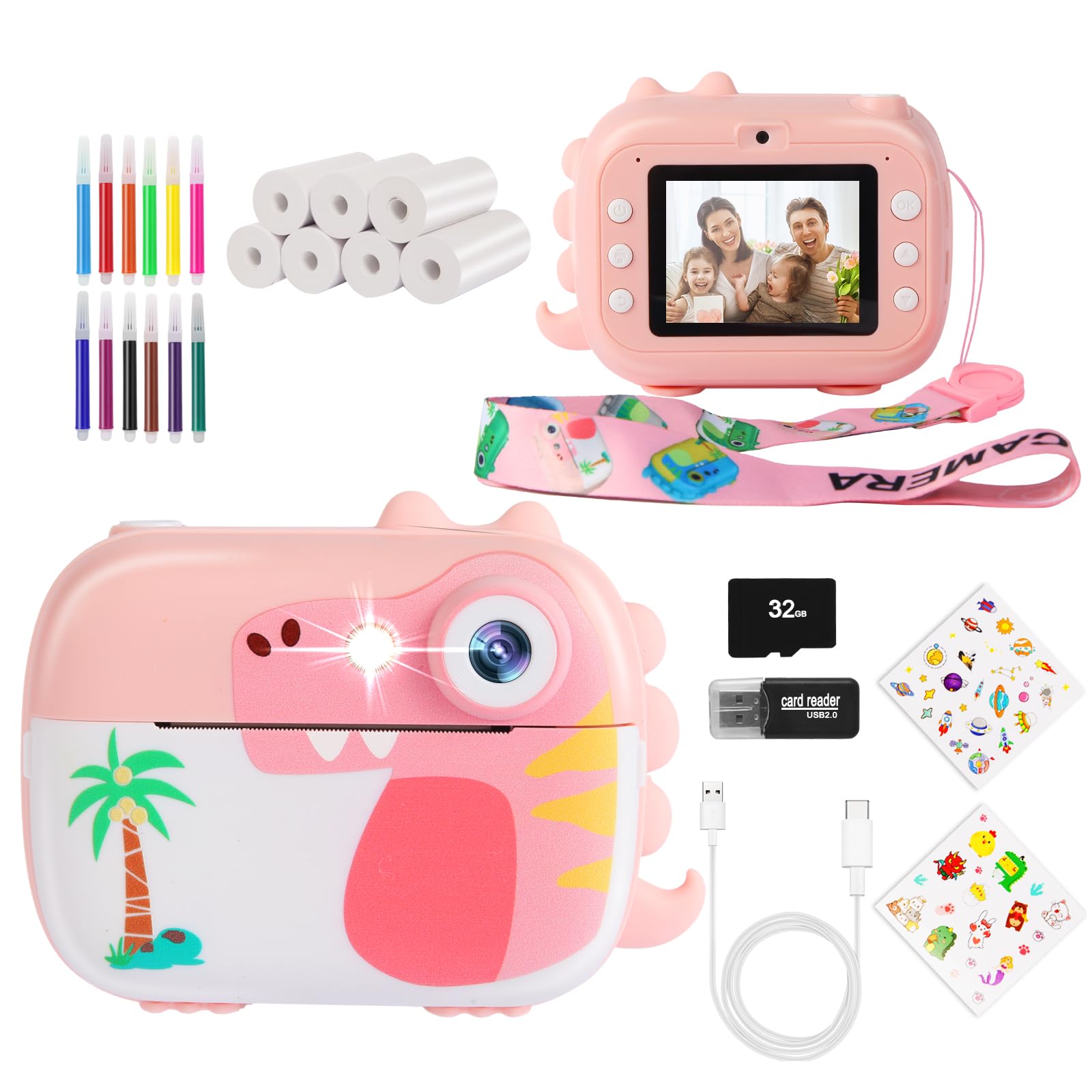 

ARNSSIEN Instant Print Digital Camera for Children Ages Gift for Girls and Includes 7 Instant Print Rolls 32GB M3 Kids 3-12, Video,