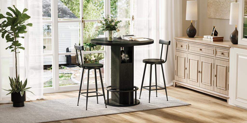 3-Piece Bar Table and Stool Set, 31.5-Inch Round Table with Two Stools, Wood Dining Table with Ring-Shaped Metal Footrest, Black