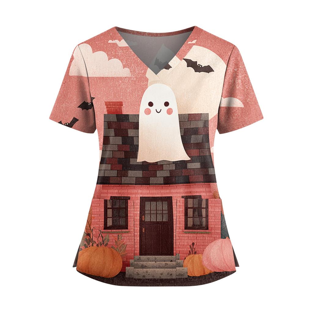 Haut d'uniforme d'infirmière à manches courtes et col en V avec imprimé Halloween, double poche et fentes latérales pour les professionnels de la santé