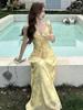 Yellow Floral French Style Slim Bodycon Tea Length Summer Dress