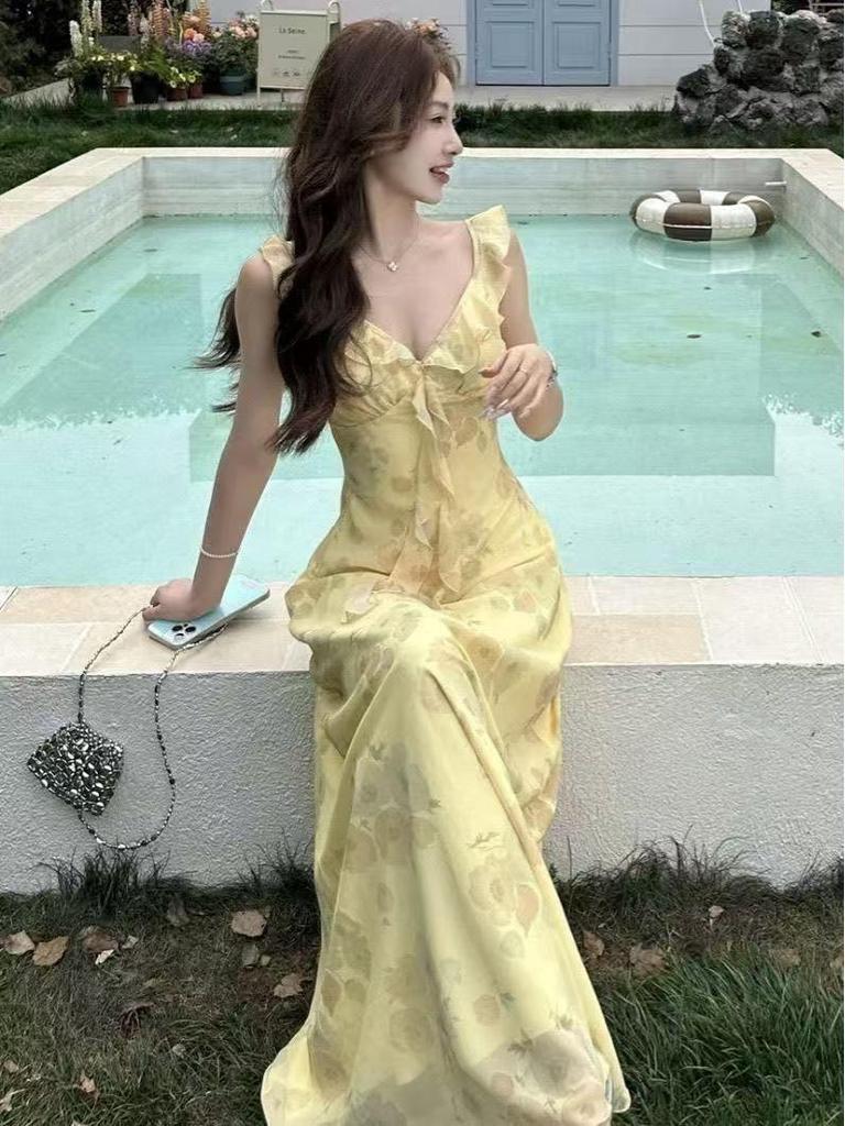 Yellow Floral French Style Slim Bodycon Tea Length Summer Dress