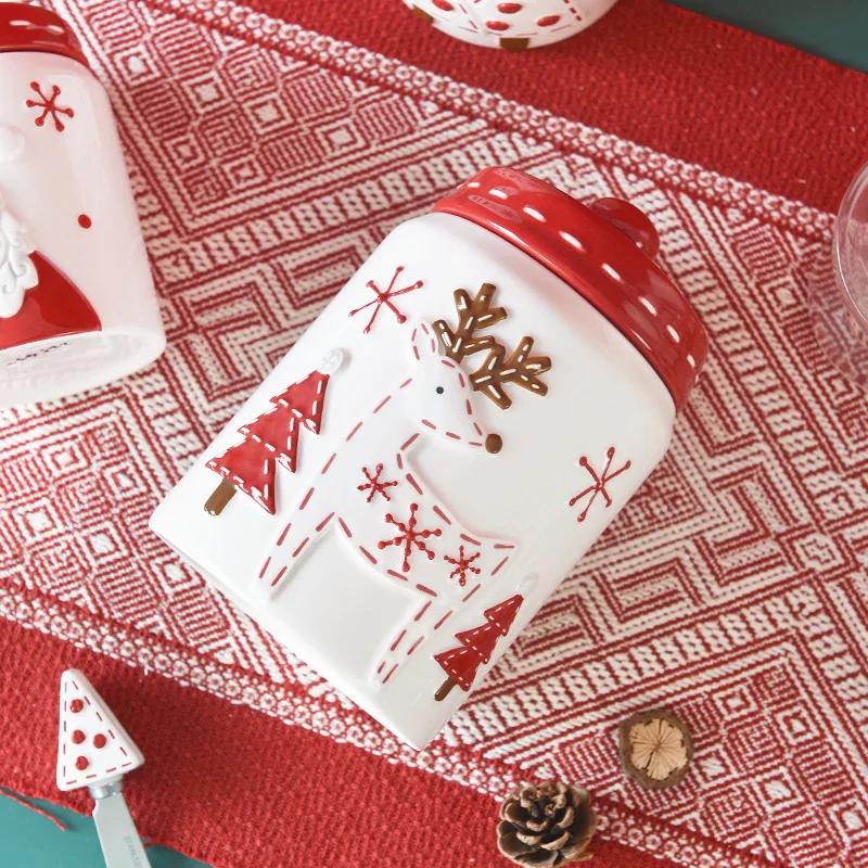 Nordic Style Santa Claus Elk Tree Round Ceramic Sealed Jar Candied Dried Fruit Nut Food Storage Container Kitchen Accessories