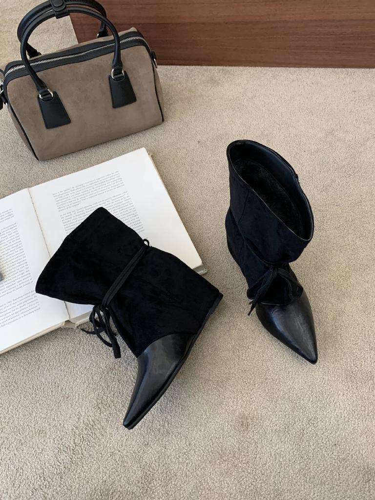 Inner height increase and thin short boots autumn and winter new simple design retro pleated stacking boots short boots