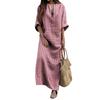 Vintage Stripe Print V-Neck Long Sleeve Women Loose Cotton Linen Maxi Dress