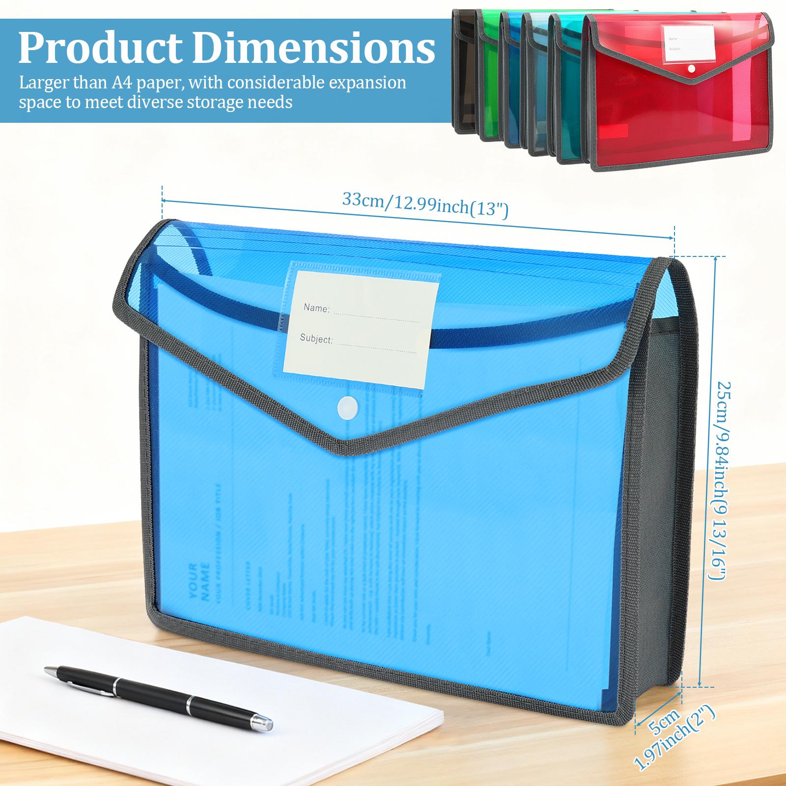 6 Pack A4 Transparent File Bag Plastic Expanding File Folder with Snap Closure Large Capacity Document Folder Office Supplies