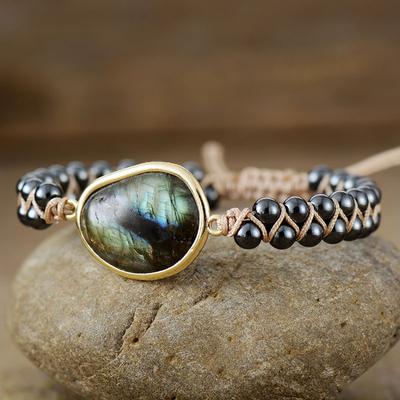 BLINGBAY Damen-Armband, Labradorit, Retro-Ethno-Stil, doppelt geflochten, böhmisches Perlenarmband, Mädchen, Party, Geburtstag, Schmuck, Geschenk