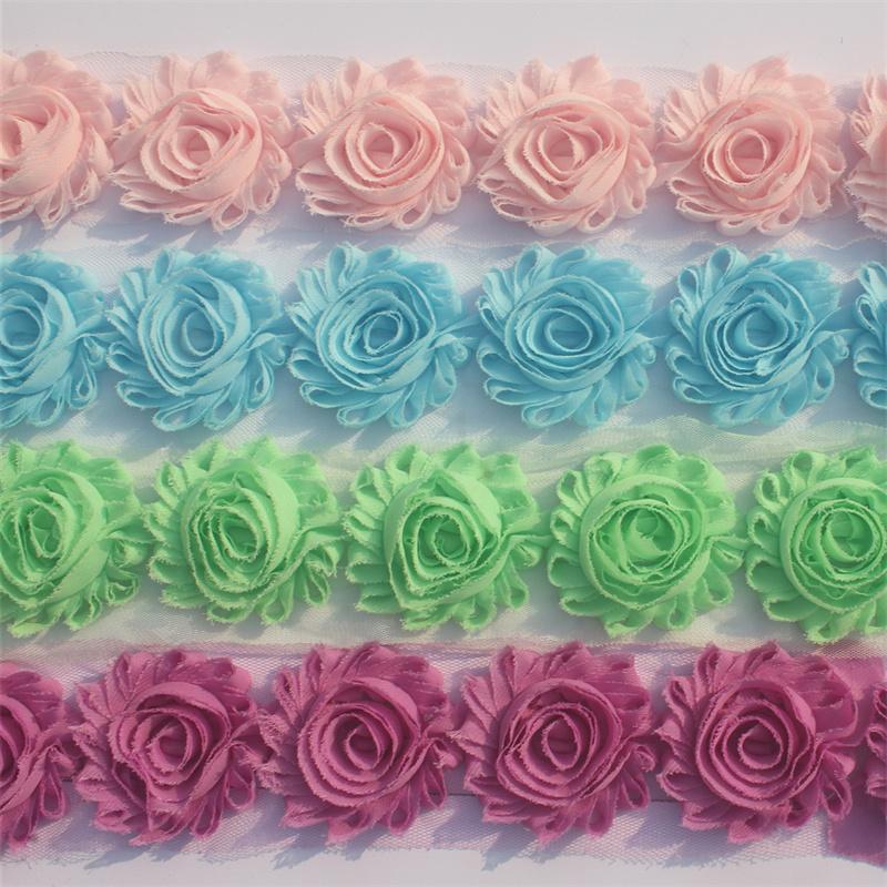 1 år 2,5 tum Shabby Chiffonblommor för Babyflickors Hårband Chiffon Fransiga Blommor för Att Göra Barn Romper Klänningstillbehör