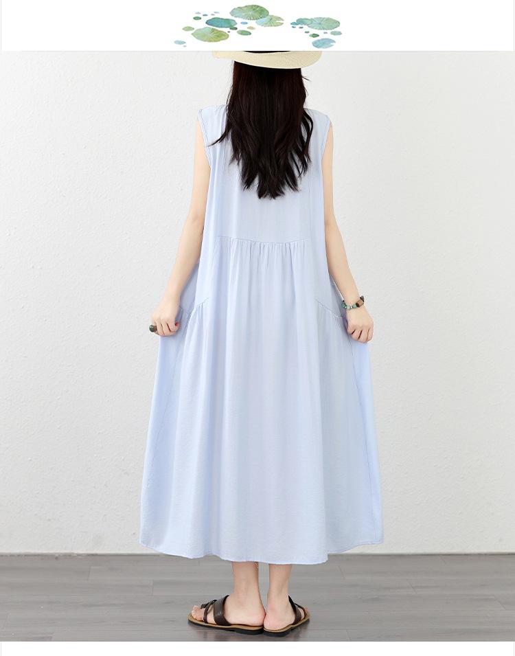 Elegant And Laid-back Style, Large Sleeveless Cotton And Linen Round-neck Vest Dress