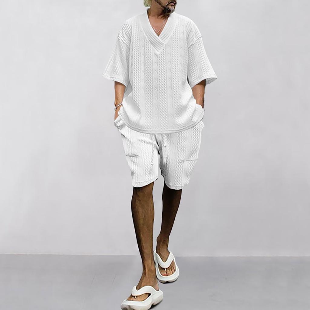 Anmurye Summer Tracksuit Short Sleeve and Casual Oversized Adjustable Solid White L Men's Set, T-Shirt Shorts, V-Neck, Fit, Comfortable, Waist, Color,