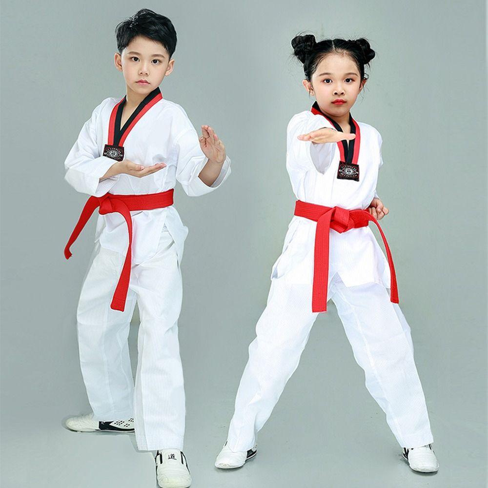 Moderne Weiße TKD Kostüme Baumwolle V-Ausschnitt WTF Karate Uniform Professionelle Atmungsaktive Taekwondo Uniformen Kinder