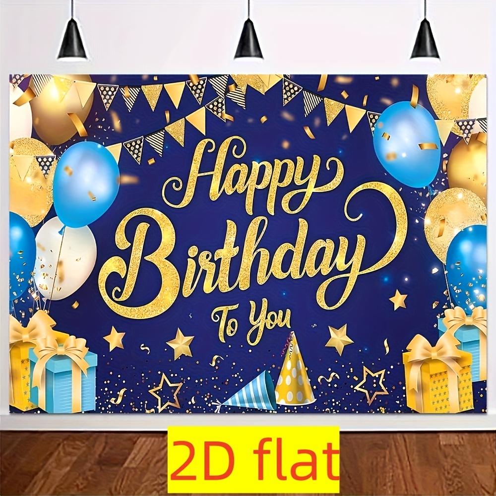 Banner de Cumpleaños Feliz 2D Azul Dorado Tablero de Fondo para Decoración de Cumpleaños de Hombres