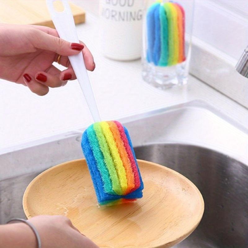 5pcs Rainbow Sponge Brush Set with Handle-Colorful Cleaning Scrubber for Water Bottles,Mugs, and Glass,Sponge For Washing Dishes