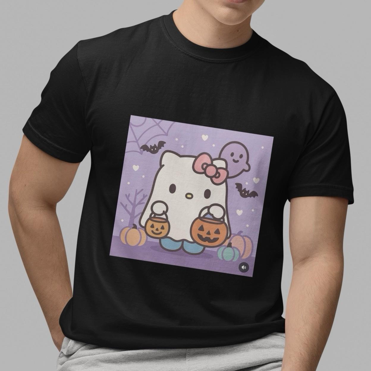 Hello Kitty Halloween Pumpkin Bucket Ghost Bat Black Cute Graphic T-Shirt Unisex XXL