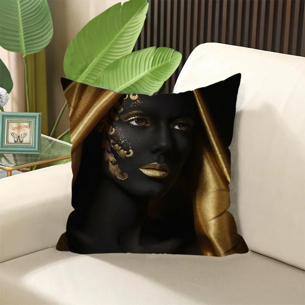 Huse elegante pentru perne de cameră Negru Auriu Pernă cu doamnă africană pentru dormit Husă de pernă × Perne decorative canapea × Umplute