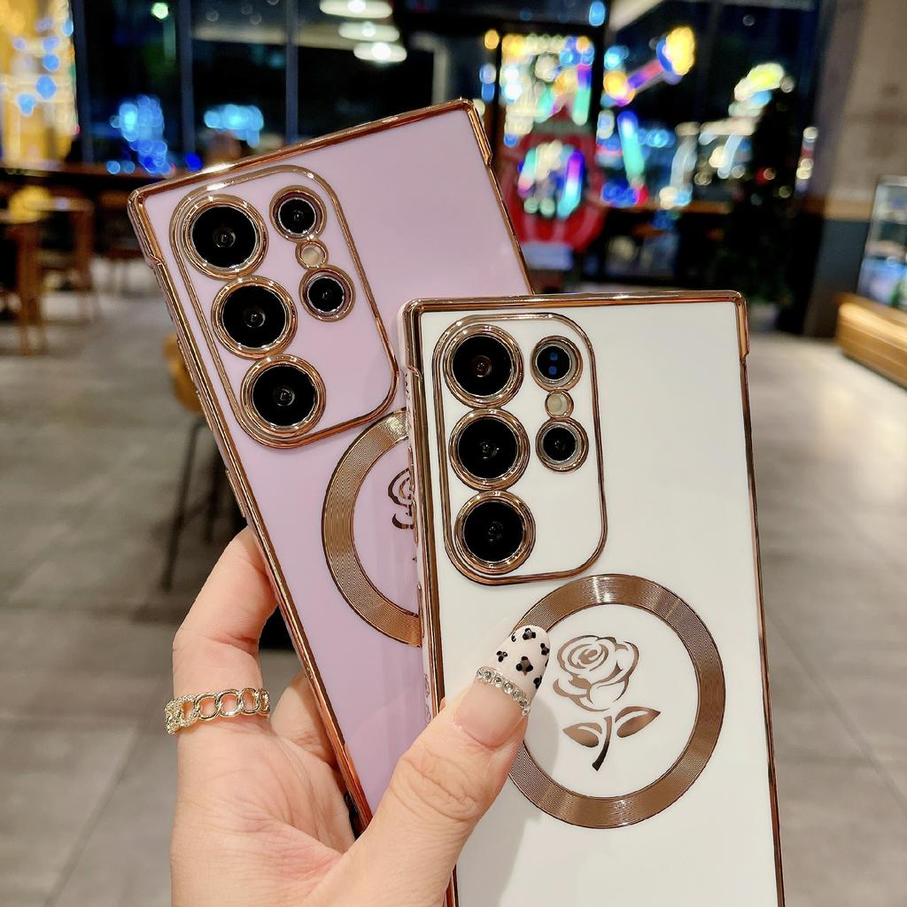 Pro Samsung Galaxy S25 Ultra Magnetické pouzdro s pleteným popruhem Růžový květ Elektroplátovaný TPU kryt na telefon