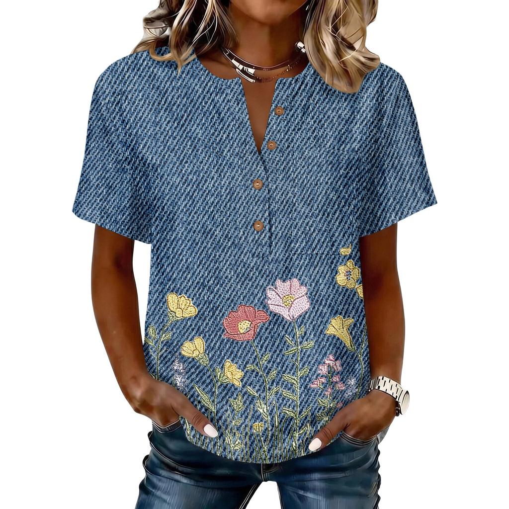 Women's Vintage Floral Print Short Sleeve Shirt Button Front Henley Neck Cotton Linen Blend Casual Top
