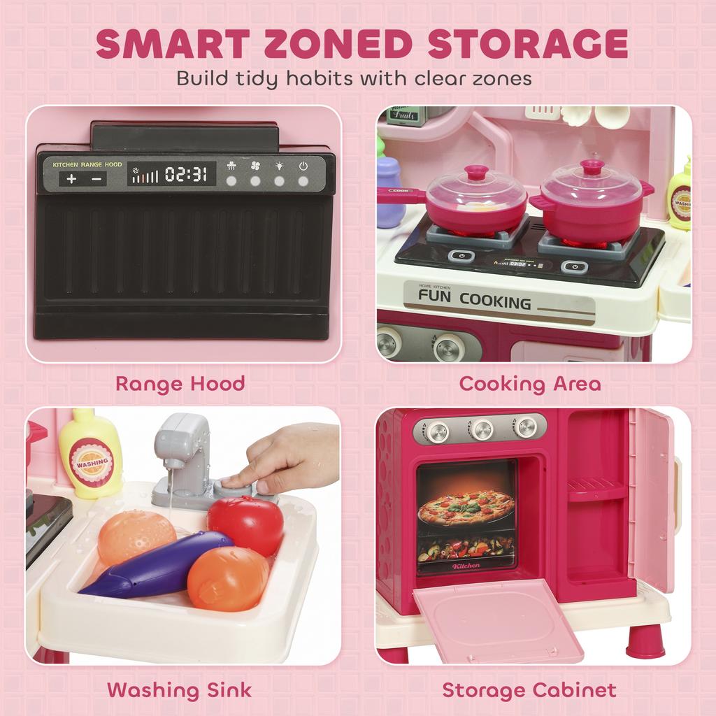 Play Kitchen, 33 PCS Kids Kitchen Playset with Lights, Sounds, Storage, Circulating Water Sink for 3-6 Years, Pink