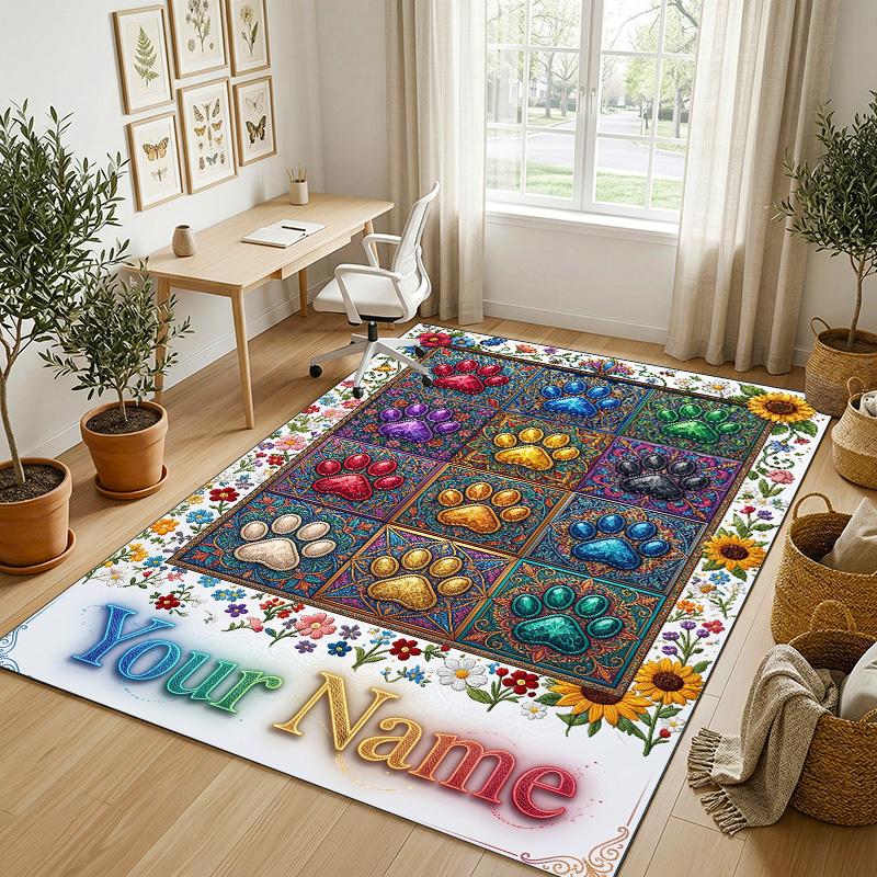Dog Theme Crystal Velvet Rug Personalized Custom Name Text Soft Floor Mat Home Decor