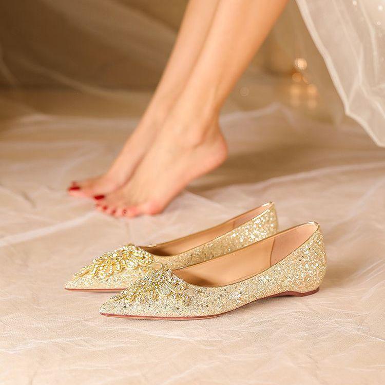 Sequined wedding shoes bridal shoes pointed 2025 French premium sense crystal shoes wedding elegance beautiful princess high heels