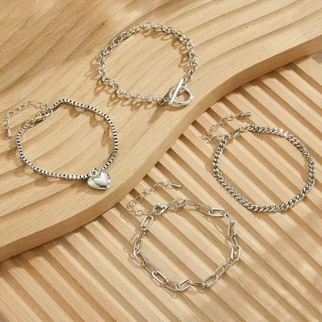 4 pcs Stackable Silvery Bracelet Set, Multi - chainCombination with Heart Pendant & Toggle Clasp, Gift forFriends, Anniversary .