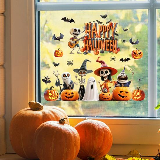 Halloween Window Cling Waterproof PVC Guitar Skeleton Ghost Pumpkin Spider Bat Static Glass Sticker Holiday Party Decoration Decal