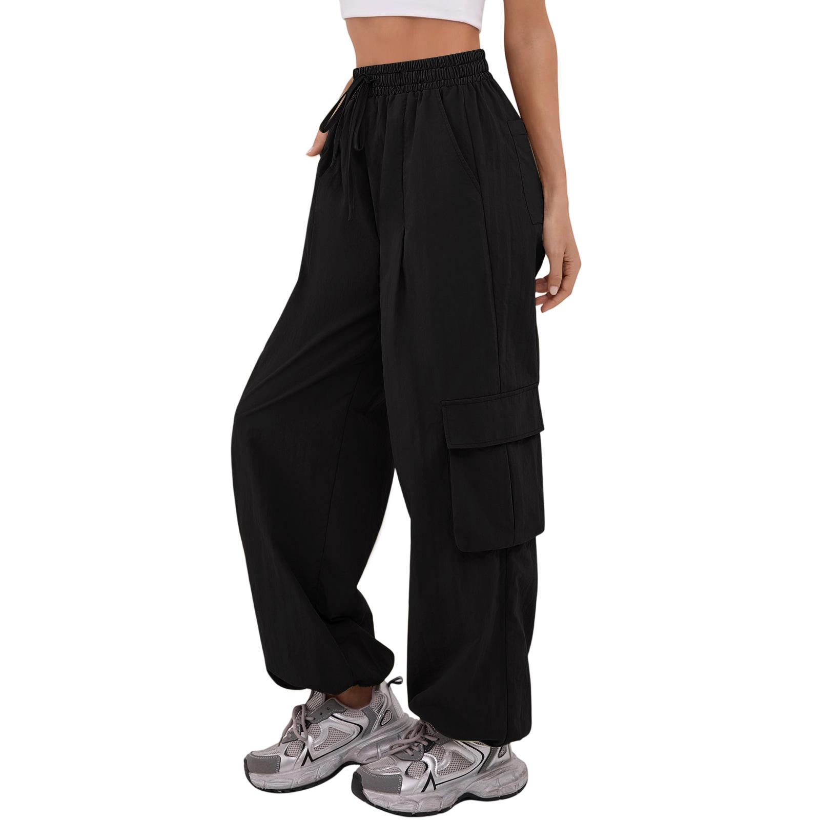 

Women s Casual Pants Cargo Pants Elastic Waisted Hiking Pants With Pockets Lightweight Baggy Pants M чёрный