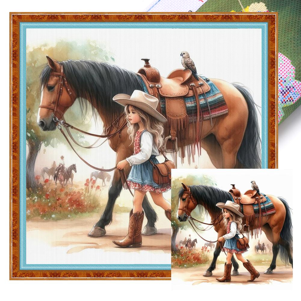 Girl and Horse Printed Cross Stitch Kit DIY 11CT Embroidery Craft Set Home Decor